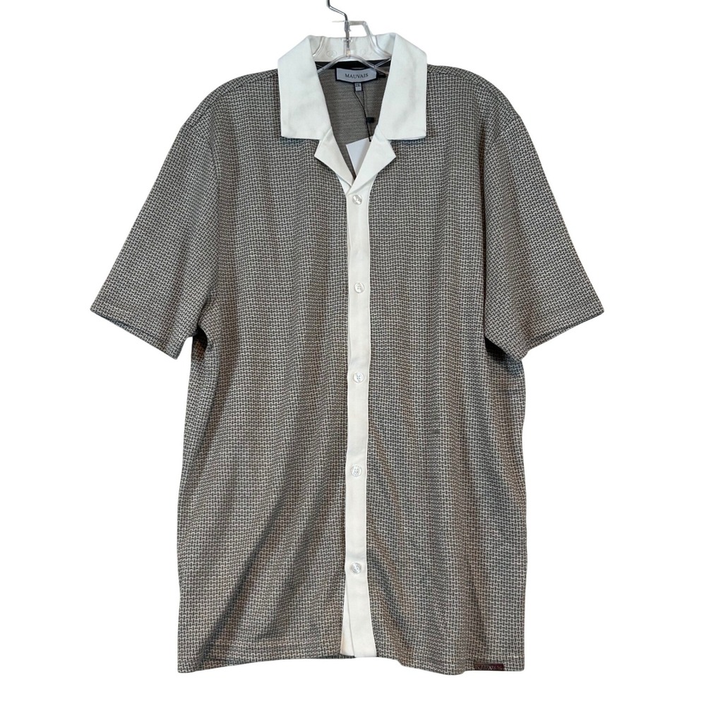 NWT Mauvais Geo Jaquard Knit Contrast Shirt‎ Green White 2XL Luxury Resortwear
